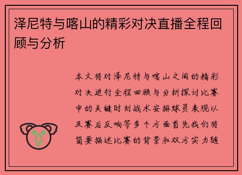 泽尼特与喀山的精彩对决直播全程回顾与分析